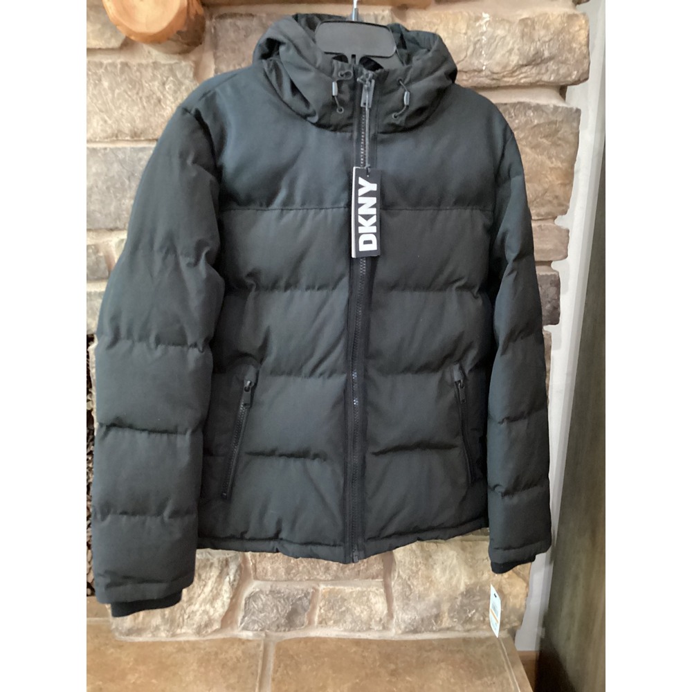 DKNY Mens Hooded Puffer Jacket Black Water Resistant Ultra Loft Parka Size S New